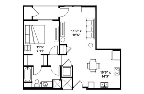 Floor plan for 1 bed, 1 bath, 679 sqft